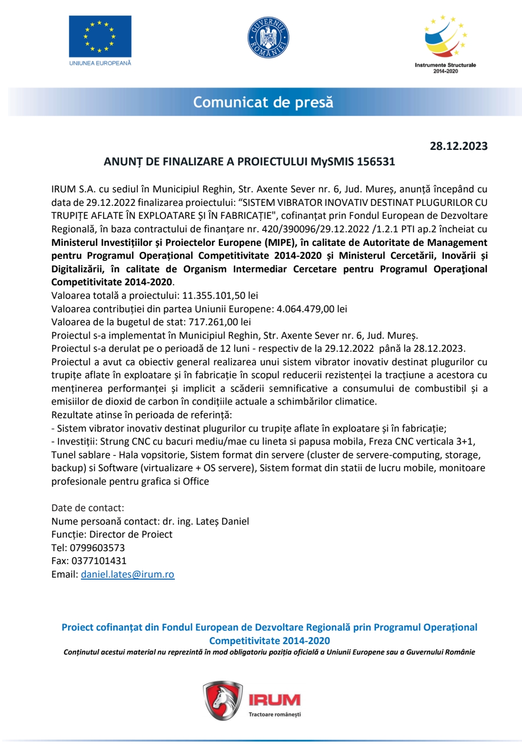 ANUNȚ DE FINALIZARE A PROIECTULUI My SMIS 156531