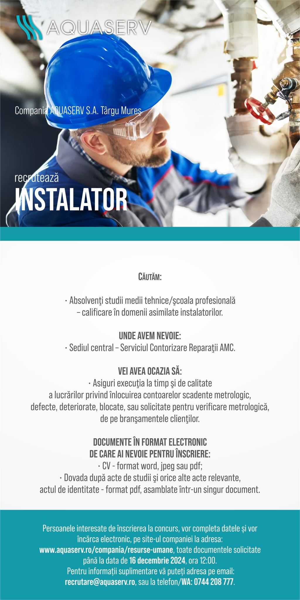 Aquaserv angajează instalator