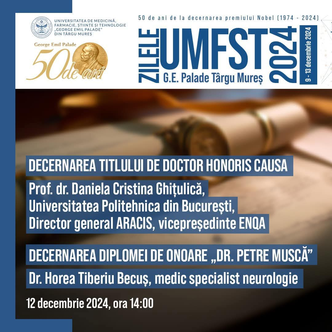 Eveniment de decernare a titlului de Doctor Honoris Causa și a Diplomei de onoare „Dr. Petre Muscă” la UMFST