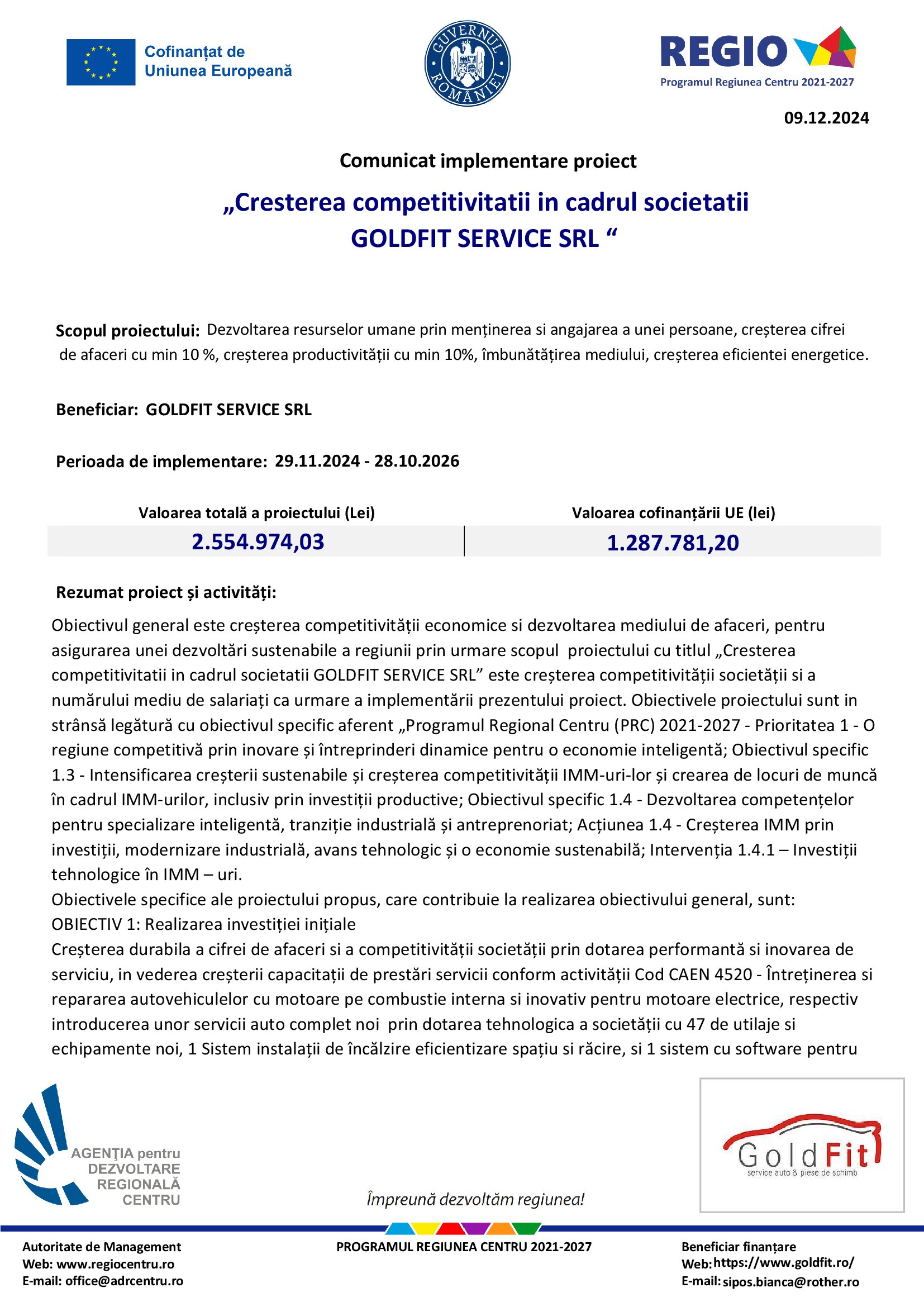 Comunicat implementare proiect: Creșterea competitivității în cadrul societății Goldfit Service SRL
