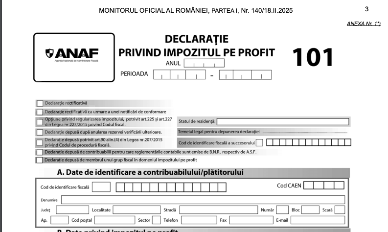 ANAF a publicat Formularul 101 pentru impozitul pe profit. Declarația trebuie depusă de firme până la 25 martie