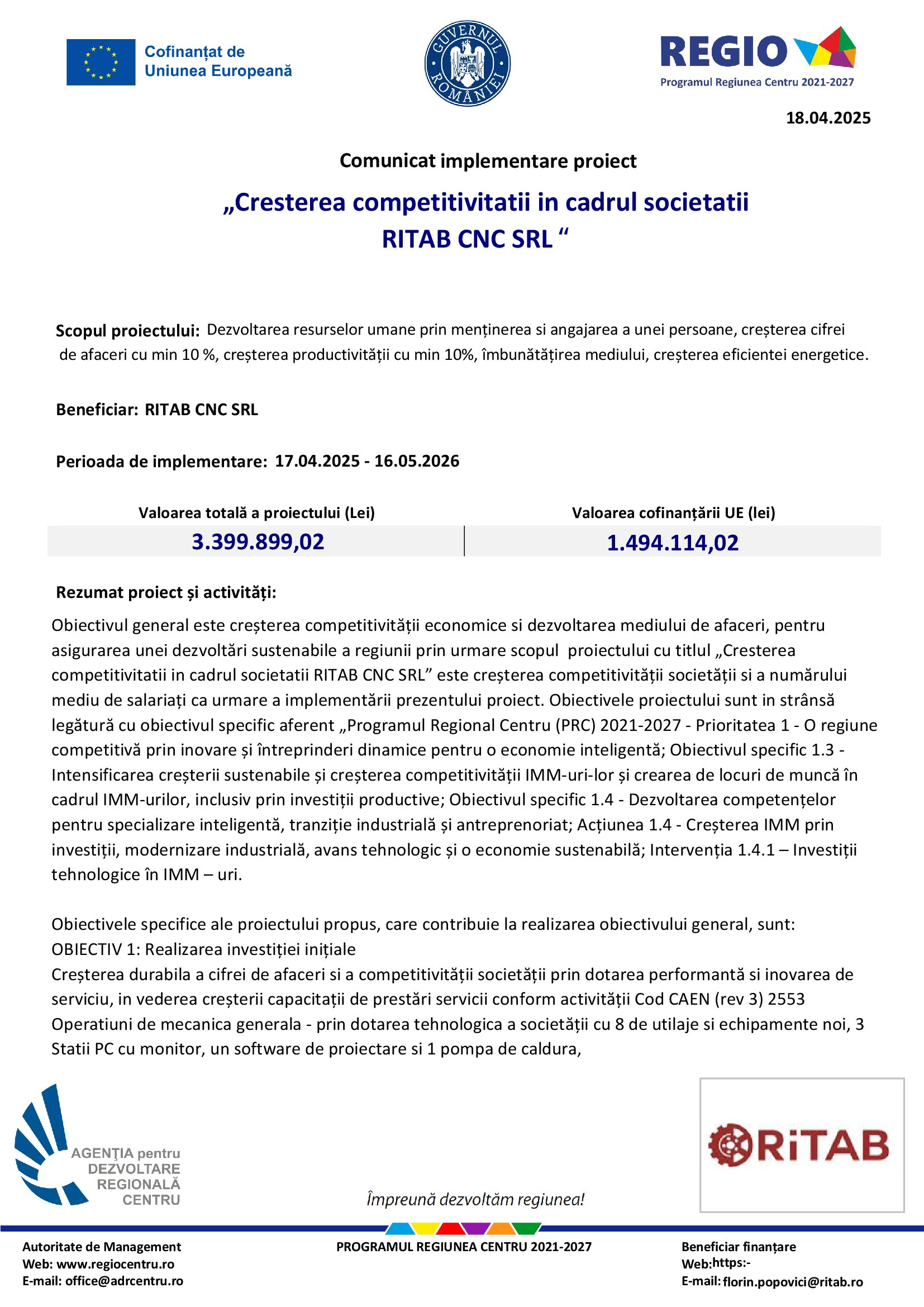 „Cresterea competitivitatii in cadrul societatii RITAB CNC SRL “