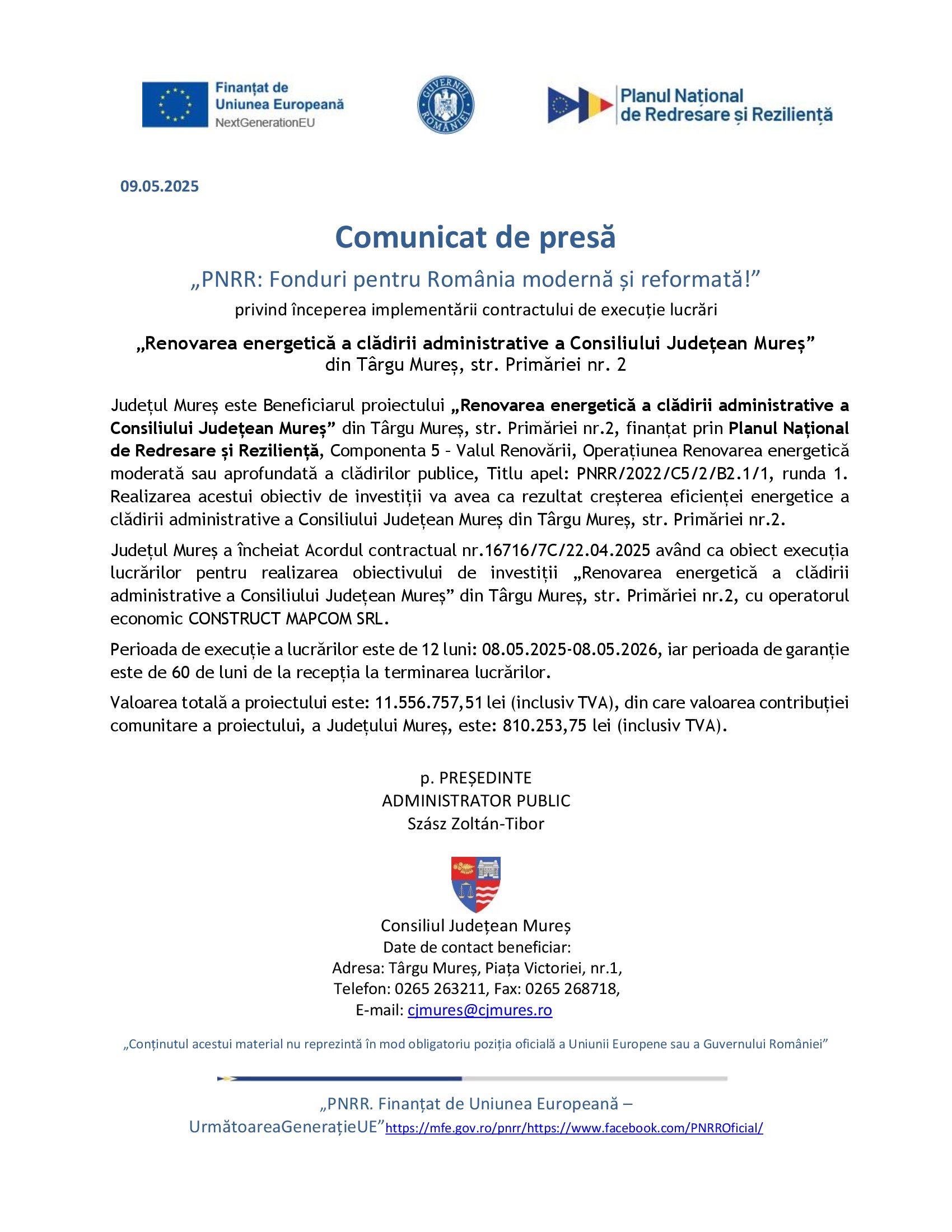 „Renovarea energetică a clădirii administrative a Consiliului Județean Mureș”
