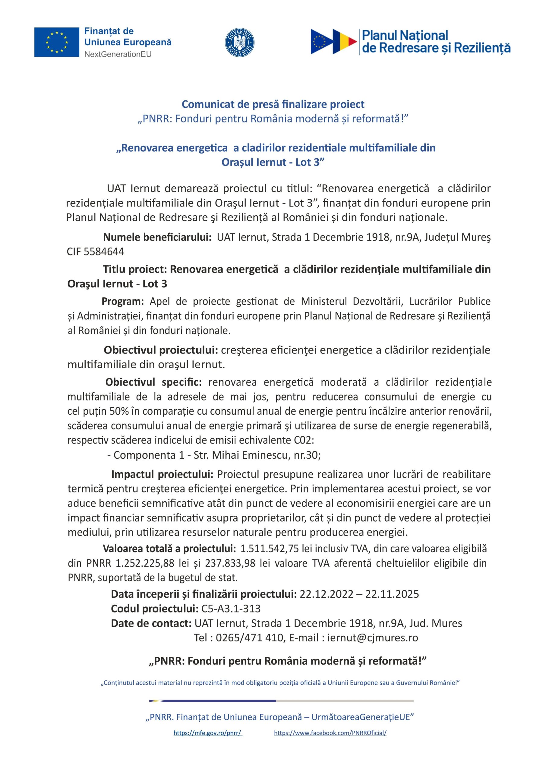 „Renovarea energetica a cladirilor rezidentiale multifamiliale din Orașul Iernut – Lot 3”