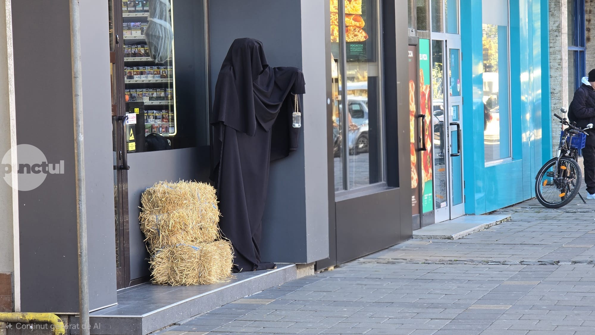 Apropierea Halloween-ului aduce decoruri spectaculoase în Târgu Mureș – o figură a Morții cu un felinar stârnește reacții
