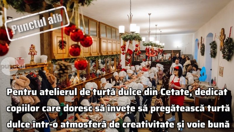 Punctul alb pentru atelierul de turtă dulce din Cetate, dedicat copiilor care doresc să învețe să pregătească turtă dulce într-o atmosferă de creativitate și voie bună