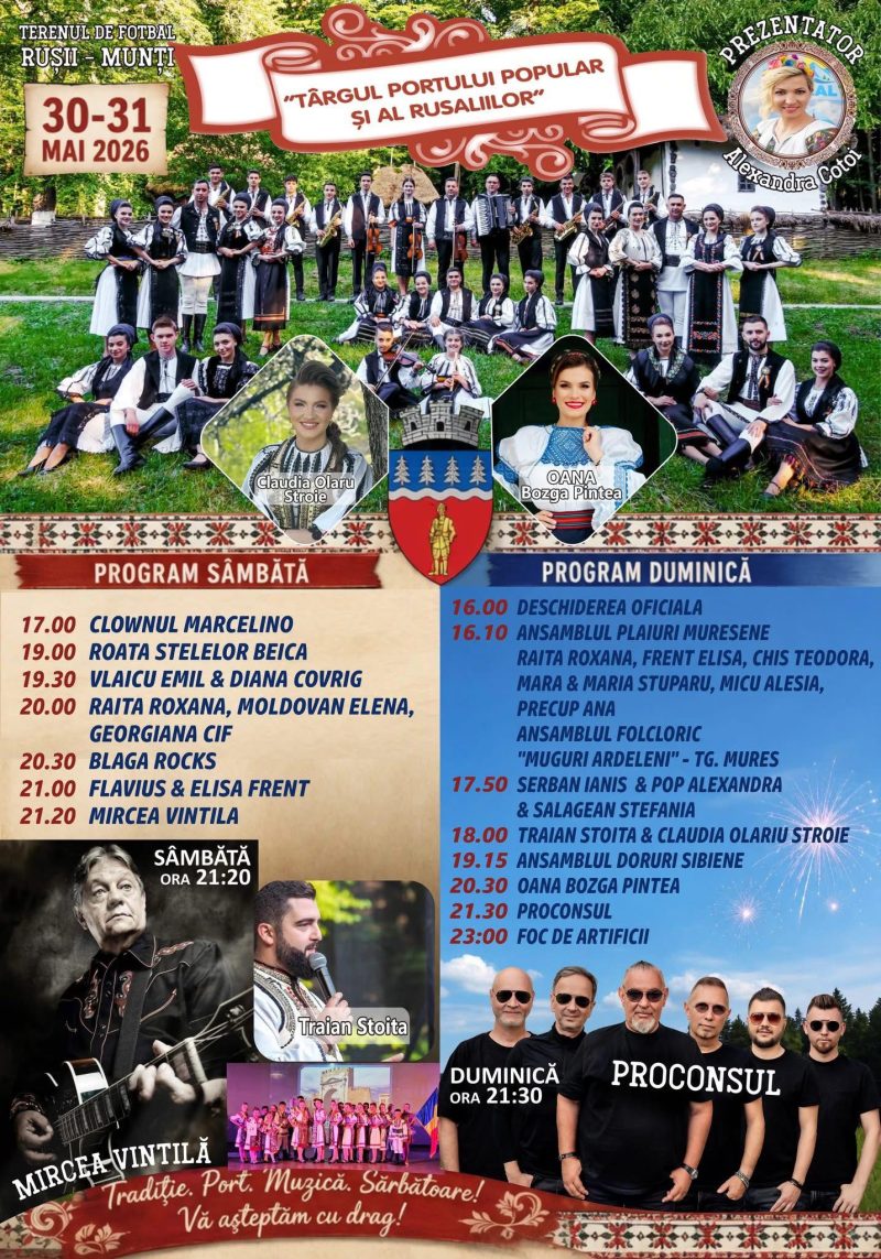 Târgul Portului Popular și al Rusaliilor are loc pe 30 și 31 mai la Rușii-Munți