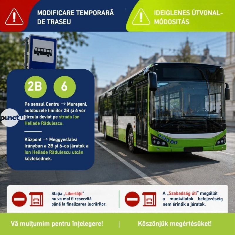 Modificare temporară de traseu – liniile 2B și 6