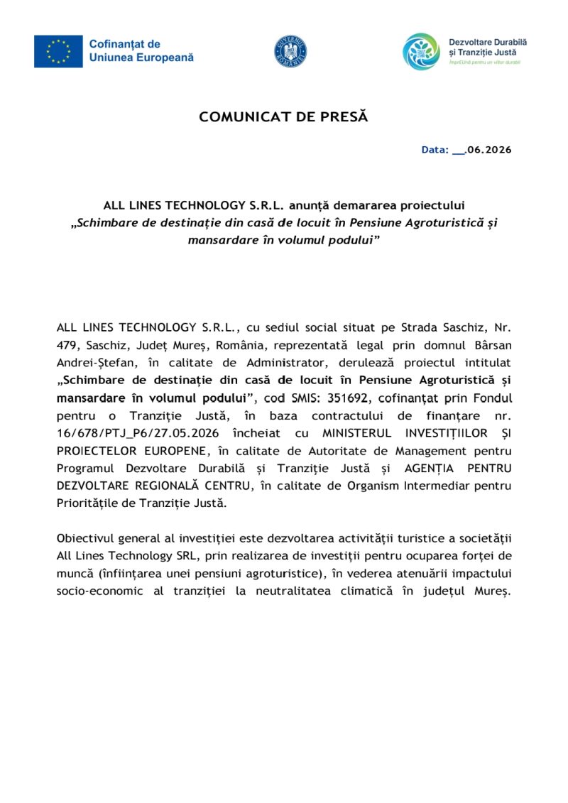 ALL LINES TECHNOLOGY S.R.L. anunță demararea proiectului„Schimbare de destinație din casă de locuit în Pensiune Agroturistică șimansardare în volumul podului”