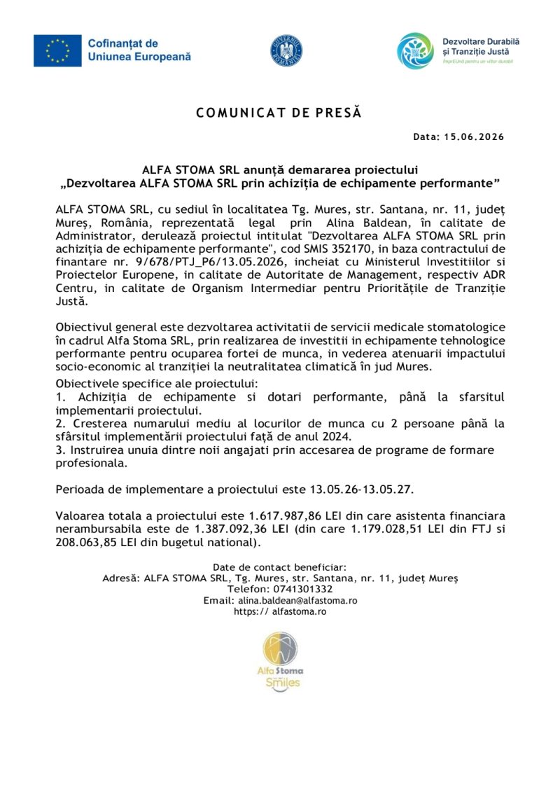 ALFA STOMA SRL anunță demararea proiectului„Dezvoltarea ALFA STOMA SRL prin achiziția de echipamente performante”