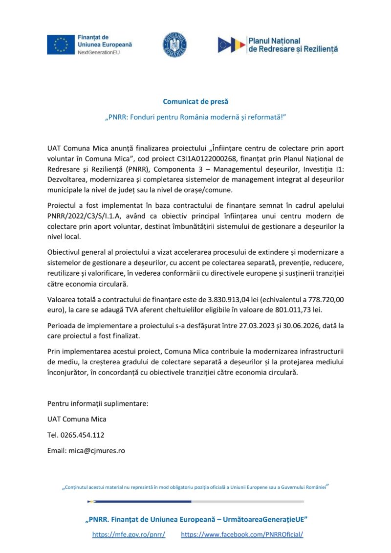 Comunicat de presă comuna Mica: „PNRR: Fonduri pentru România modernă și reformată!”
