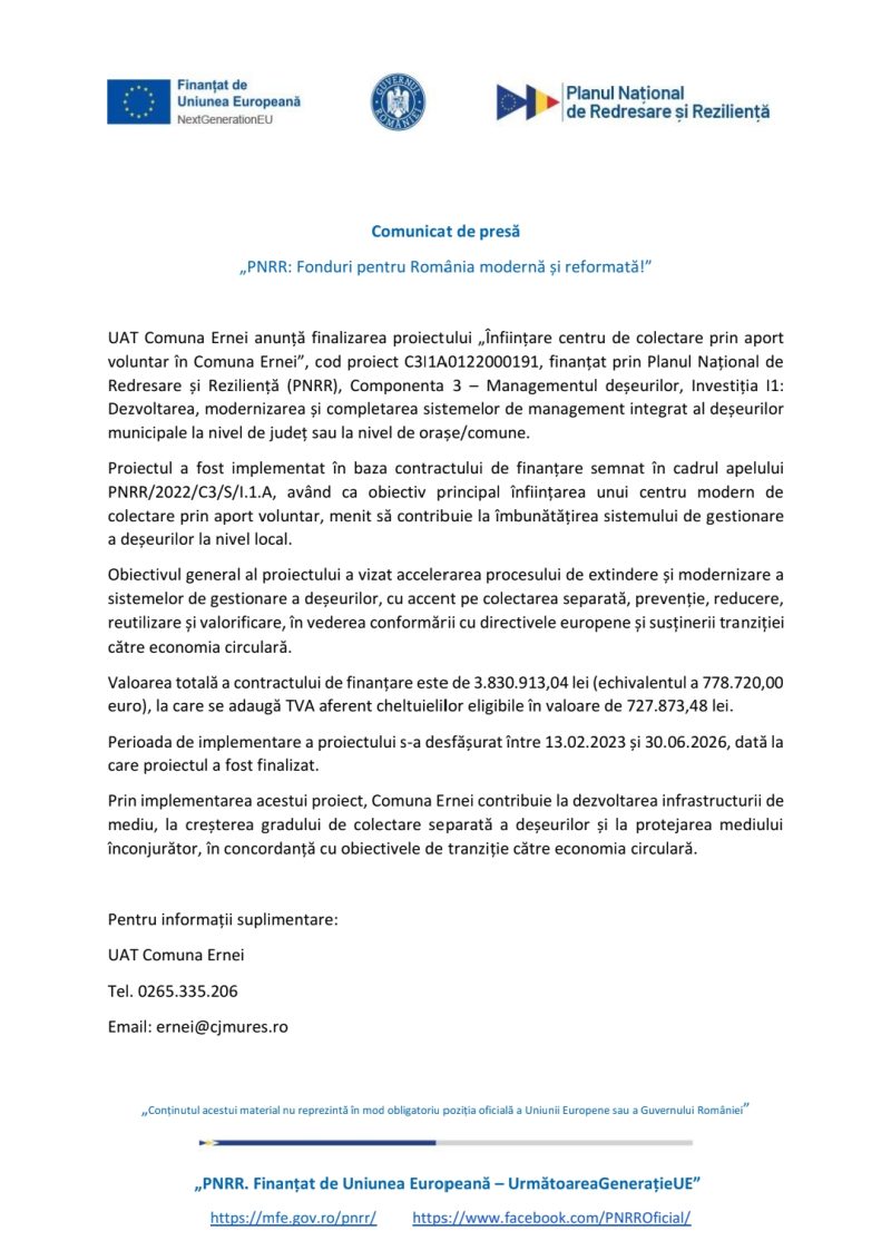 Comunicat de presă comuna Ernei: „PNRR: Fonduri pentru România modernă și reformată!”