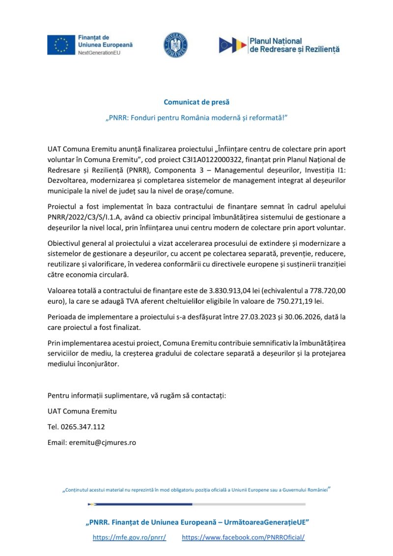 Comunicat de presă comuna Eremitu: „PNRR: Fonduri pentru România modernă și reformată!”