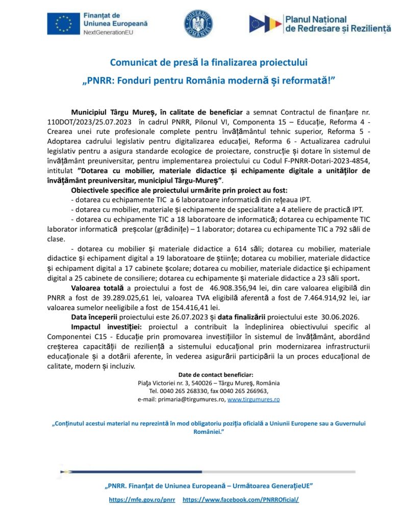 Comunicat de presă la finalizarea proiectului