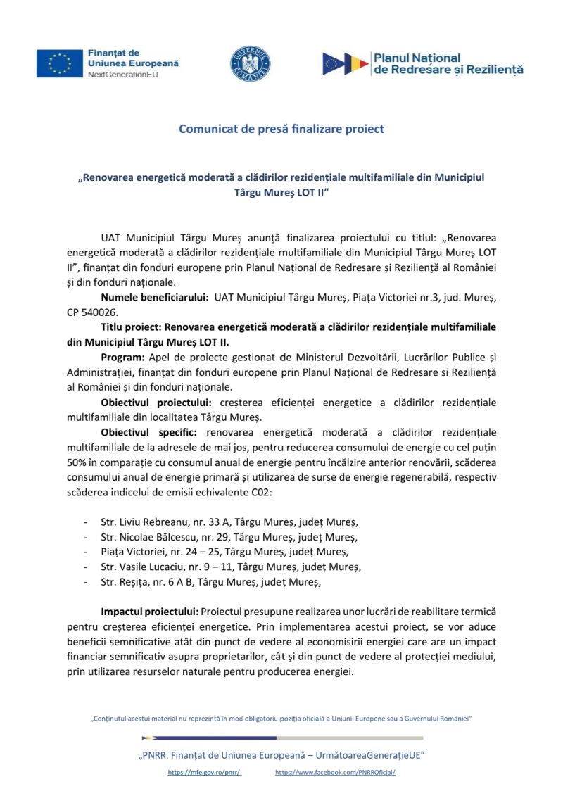 „Renovarea energetică moderată a clădirilor rezidențiale multifamiliale din MunicipiulTârgu Mureș LOT II”