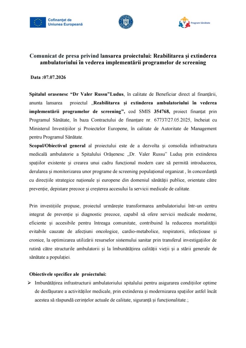 Comunicat de presa privind lansarea proiectului: Reabilitarea și extindereaambulatoriului în vederea implementării programelor de screening