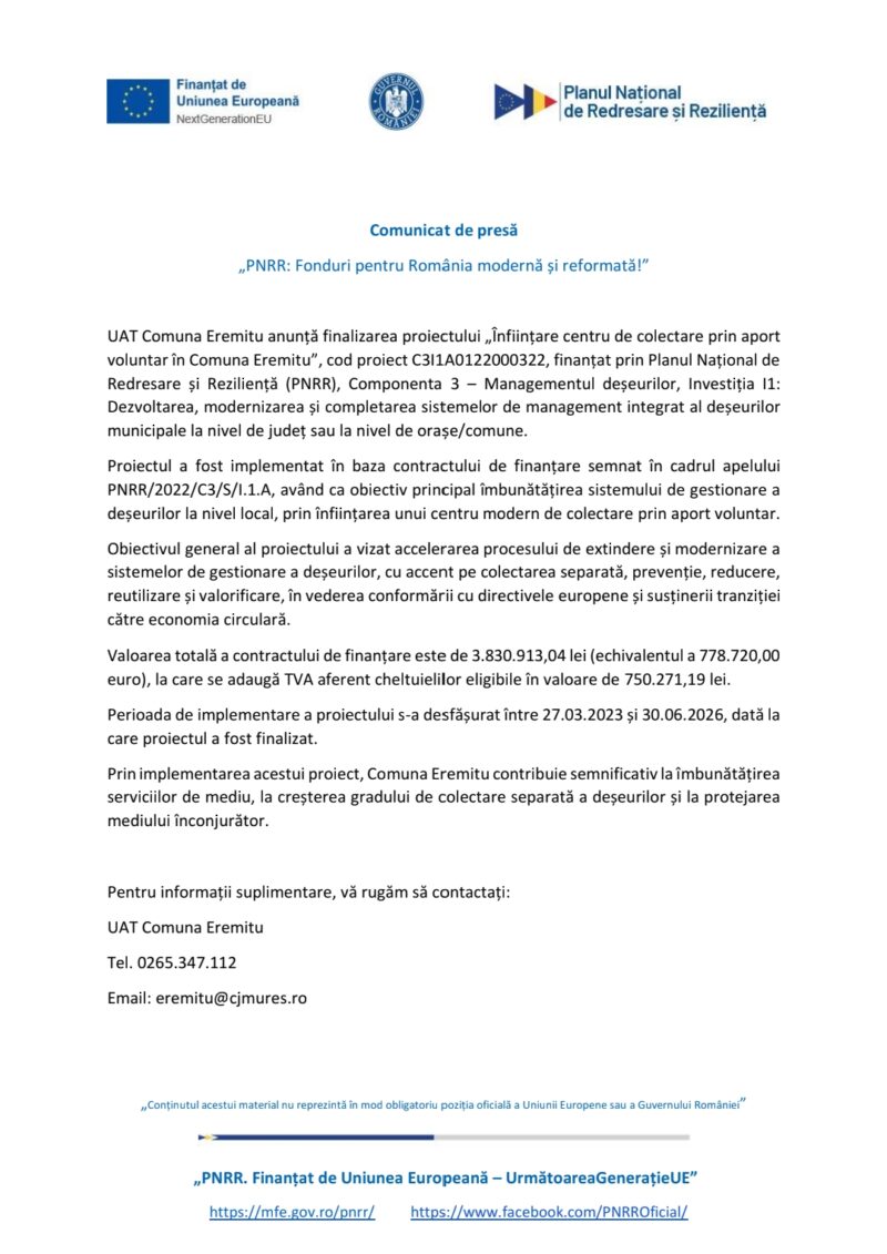 Înființare centru de colectare prin aportvoluntar în Comuna Eremitu