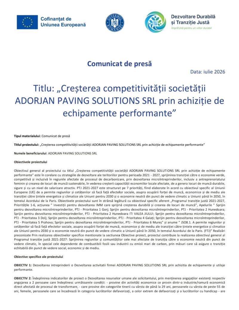 „Creșterea competitivității societățiiADORJAN PAVING SOLUTIONS SRL prin achiziție deechipamente performante”