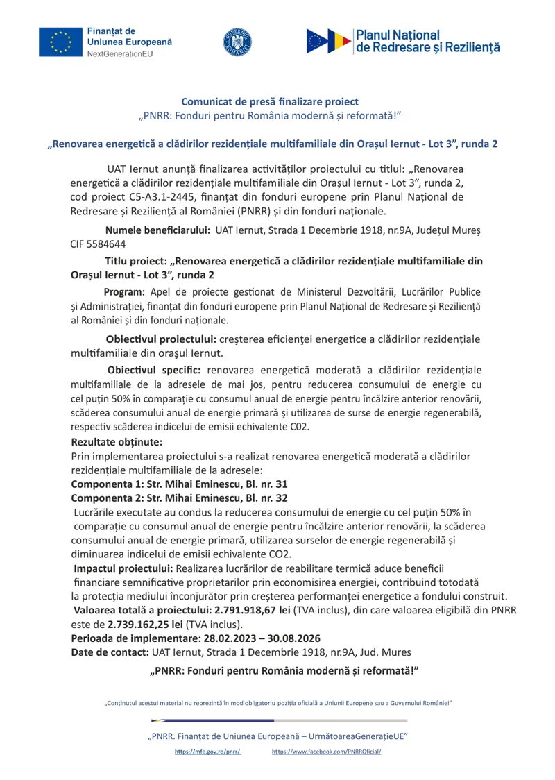 „Renovarea energetică a clădirilor rezidențiale multifamiliale din Orașul Iernut – Lot 3”, runda 2