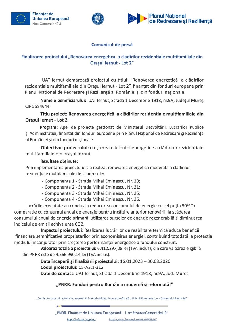 Finalizarea proiectului „Renovarea energetica a cladirilor rezidentiale multifamiliale din Orașul Iernut – Lot 2”
