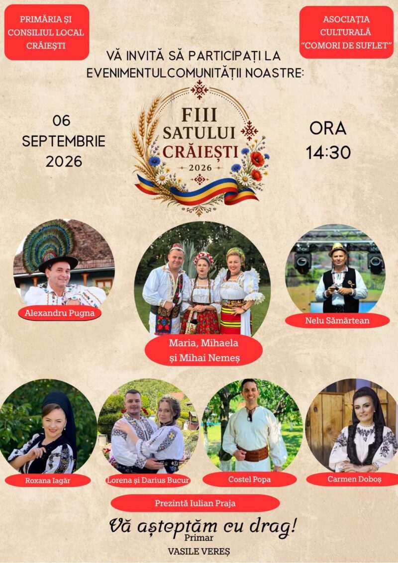 „Fiii Satului Crăiești” revine pe 6 septembrie. Muzică populară și artiști îndrăgiți, într-o zi dedicată comunității