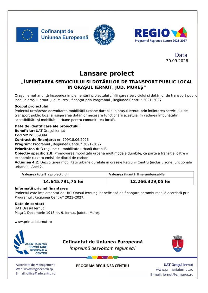 Lansare proiect: Înființarea serviciului și dotărilor de transport public local în orașul Iernut
