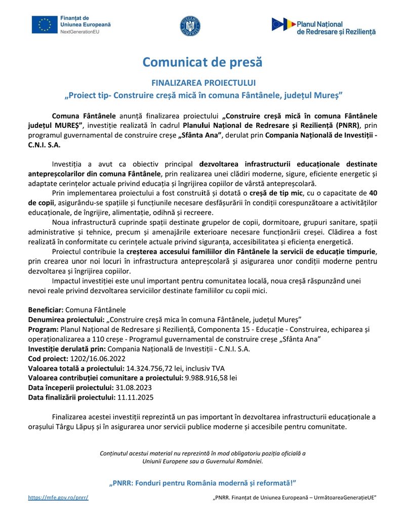 FINALIZAREA PROIECTULUI „Proiect tip- Construire creșă mică în comuna Fântânele, județul Mureș”