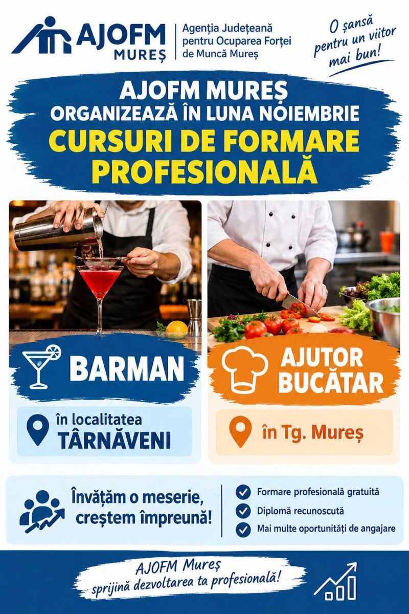 Curs gratuit de ajutor bucătar la Târgu Mureș, organizat de AJOFM în luna noiembrie
