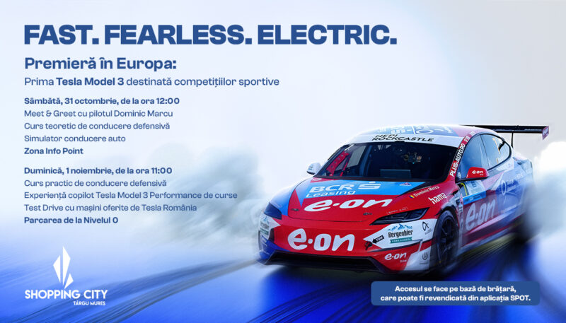 Premieră europeană la Shopping City Târgu Mureș: primul Tesla Model 3 destinat competițiilor sportive, prezentat în cadrul unui eveniment, alături de pilotul Dominic Marcu