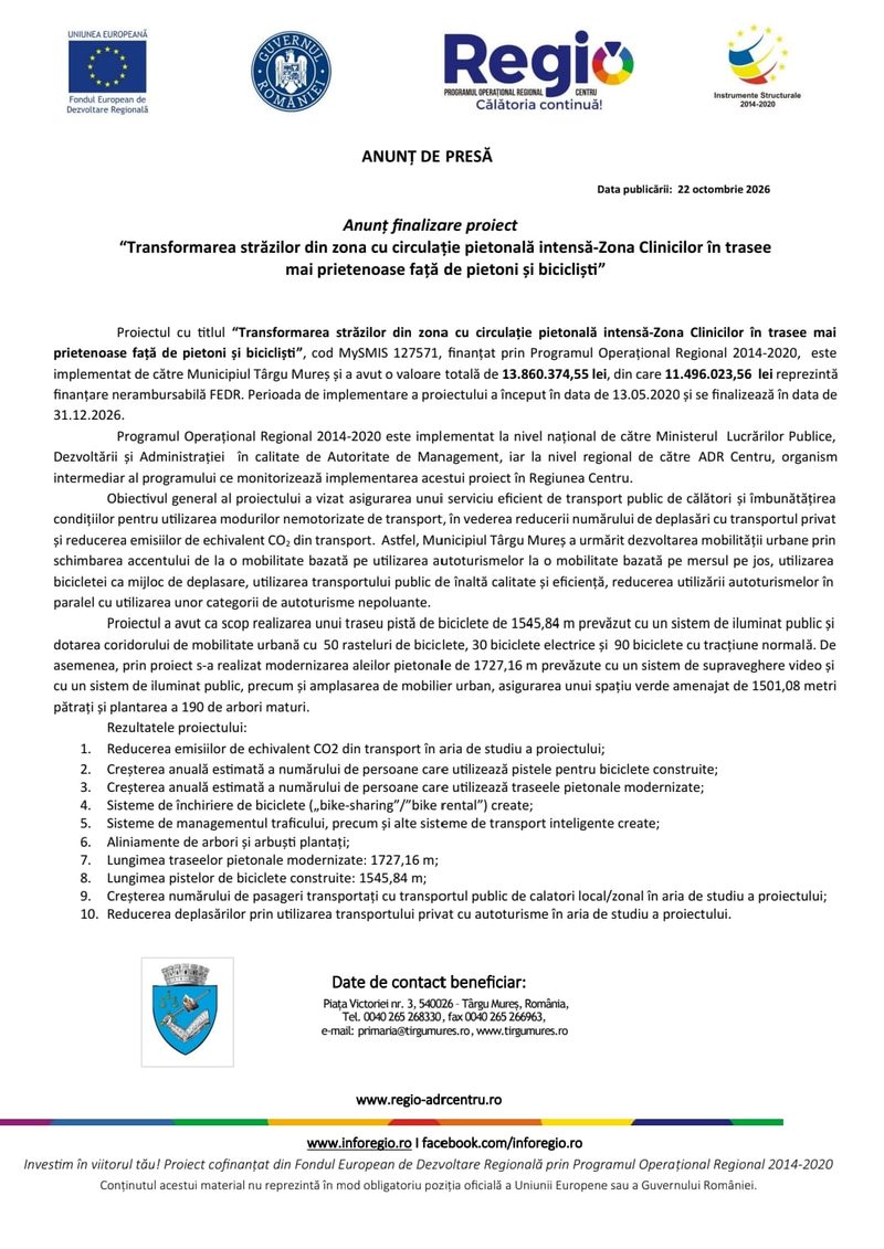 Anunț finalizare proiect: “Transformarea străzilor din zona cu circulație pietonală intensă-Zona Clinicilor în trasee mai prietenoase față de pietoni și bicicliști”