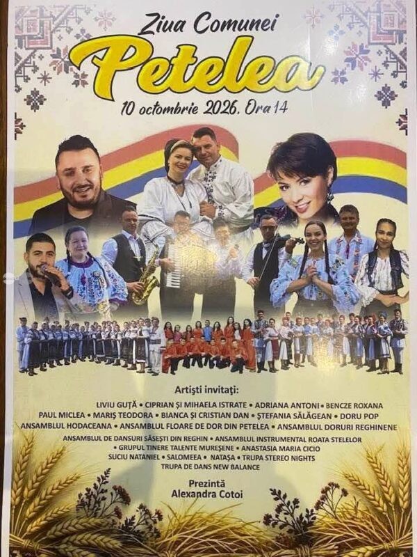 Ziua Comunei Petelea, sărbătorită pe 10 octombrie cu Liviu Guță, Adriana Antoni și numeroși artiști